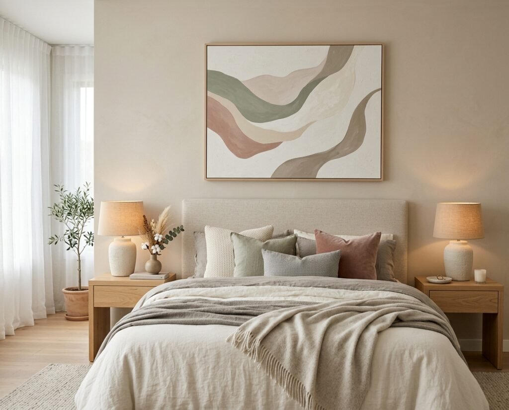 Modern bedroom with light beige decor, matching nightstands, and abstract landscape painting above the headboard.