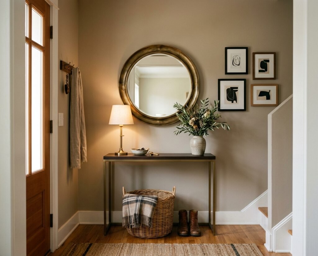 A beige hallway with a round gold mirror, console table, table lamp, and a woven basket with a plaid throw blanket.