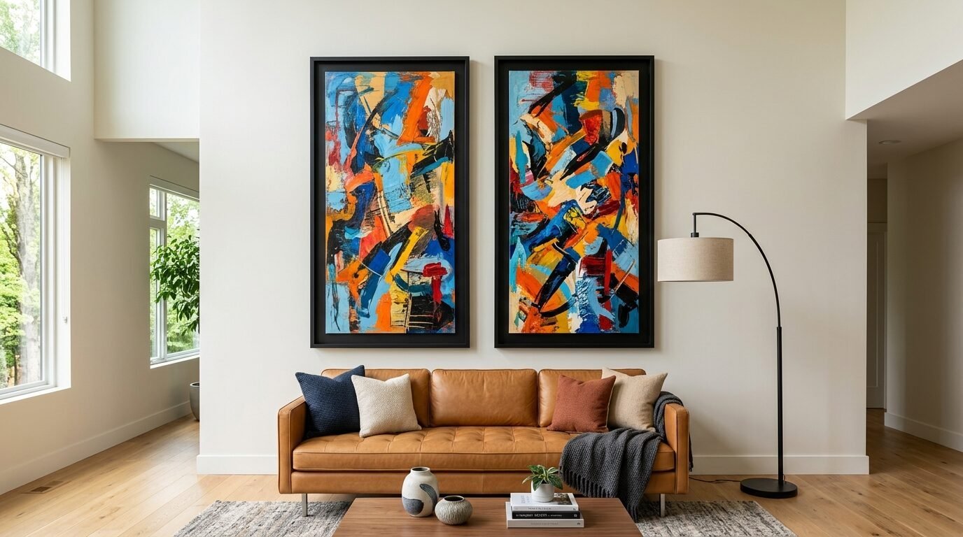 A living room features a tan leather couch centered below two vibrant, colorful abstract paintings in black frames.