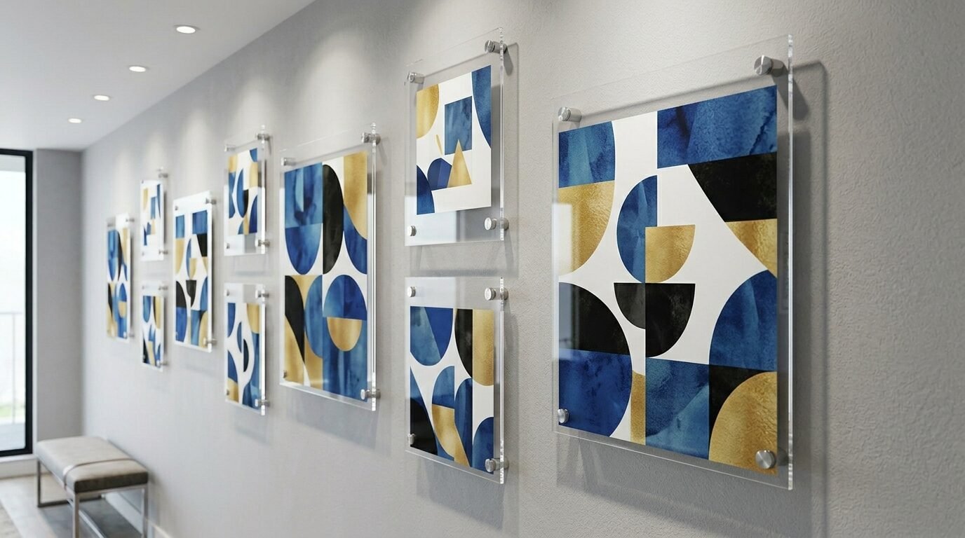 Row of modern abstract prints featuring blue and gold shapes hanging on a light grey wall.