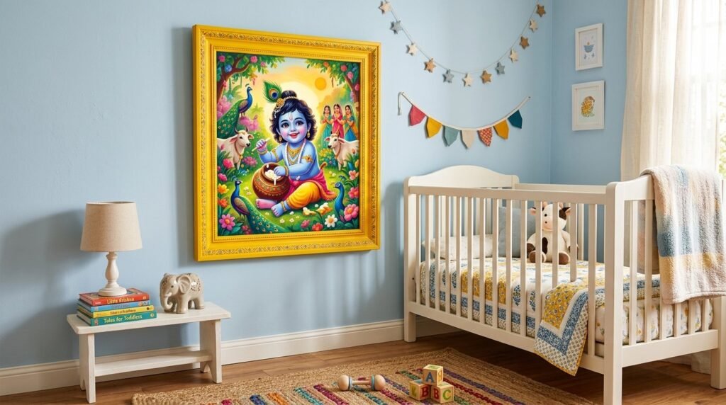 An artistic and detailed statue of Little Kanha Ji, capturing the divine childhood form of Lord Krishna.