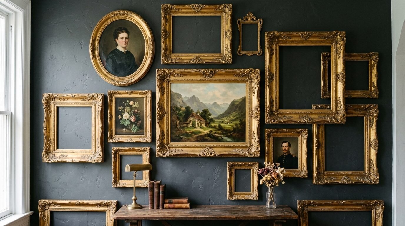 An assortment of empty and filled ornate gold picture frames displayed on a dark grey interior wall.