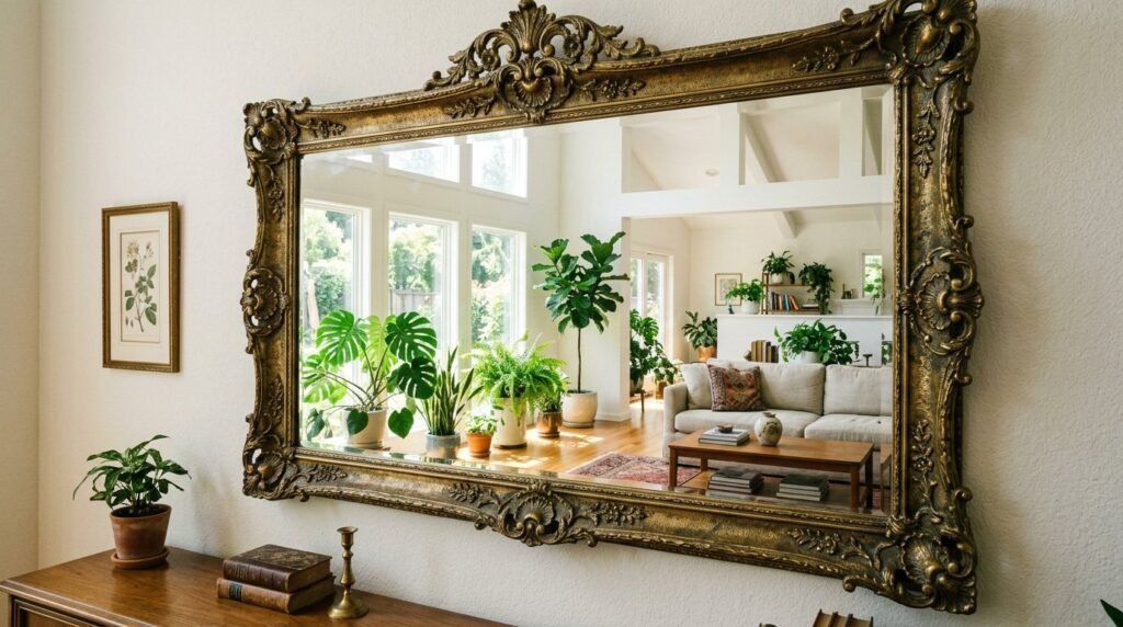 An ornate antique mirror capturing a vintage interior reflection in natural light.