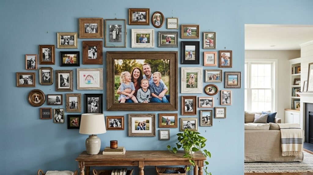 An artistic arrangement of various empty picture frames grouped together on a wall.