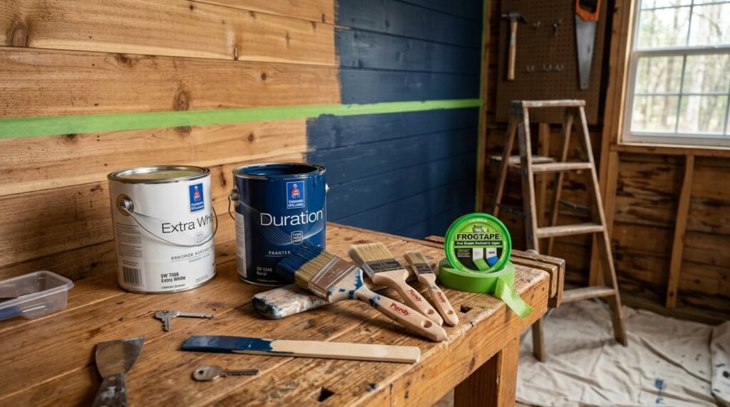 An organized wooden artists workbench covered in vibrant paint tubes and brushes.