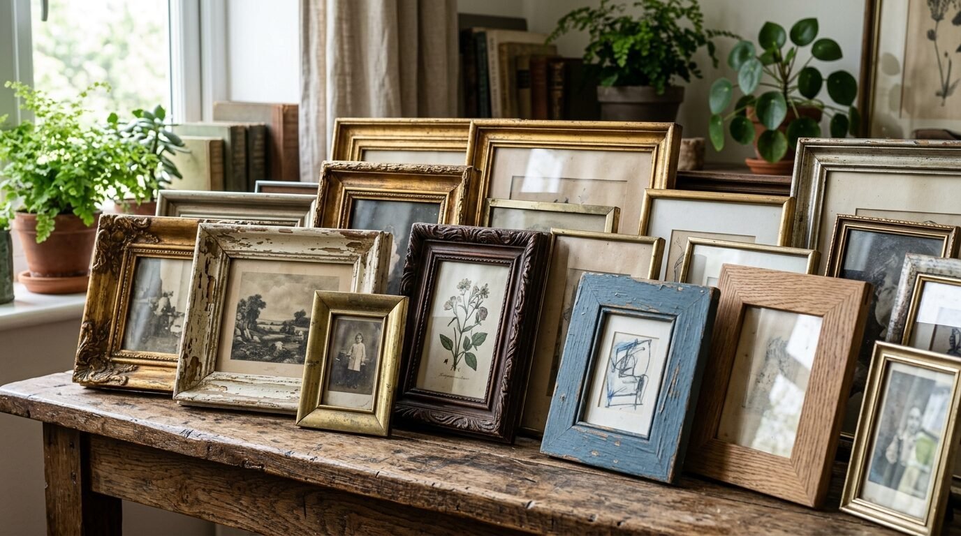 Many different vintage and rustic photo frames layered on a rustic wooden console table with indoor plants.