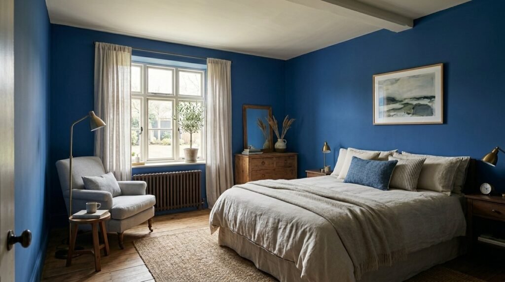 A beautifully painted bedroom wall with a smooth, professional finish and soft ambient lighting.