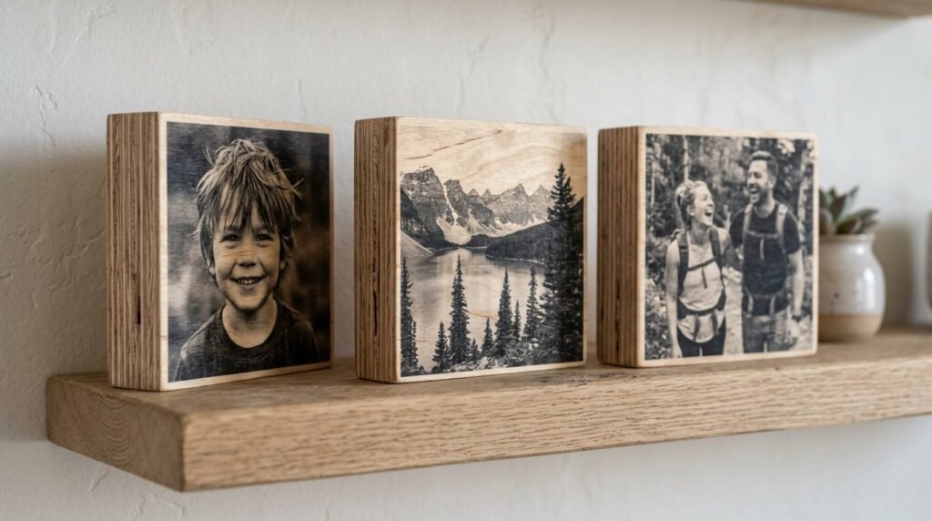 A set of smooth birch plywood building blocks arranged neatly on a surface.