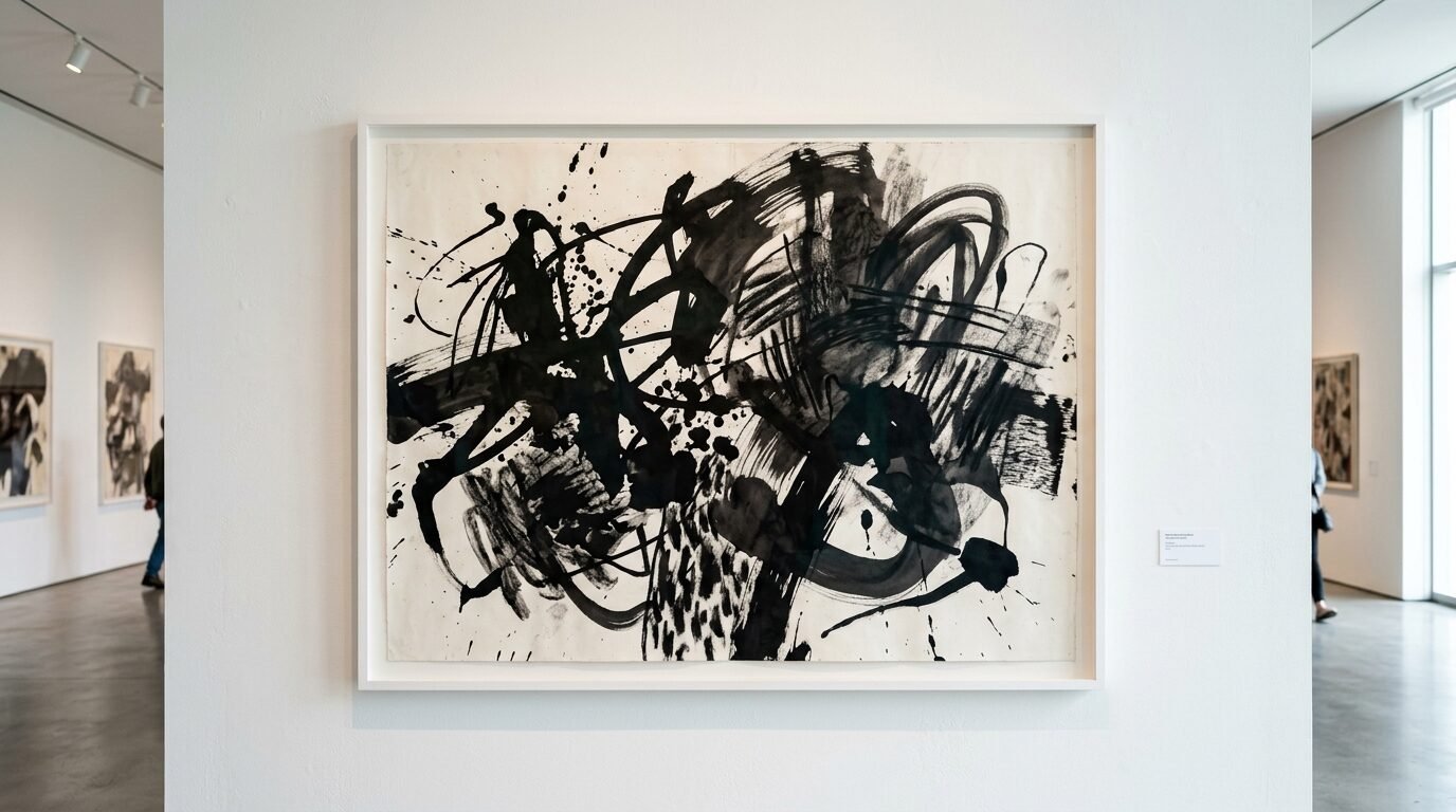 An expressive black ink painting on a white wall in an art gallery.