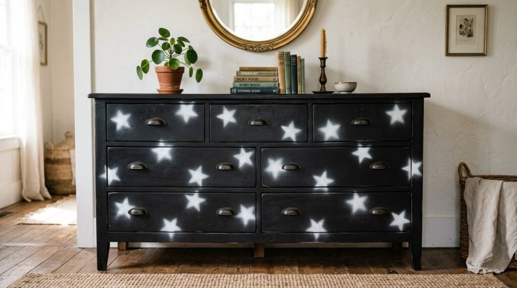A sleek black wooden dresser with drawers standing in a well-lit modern bedroom.