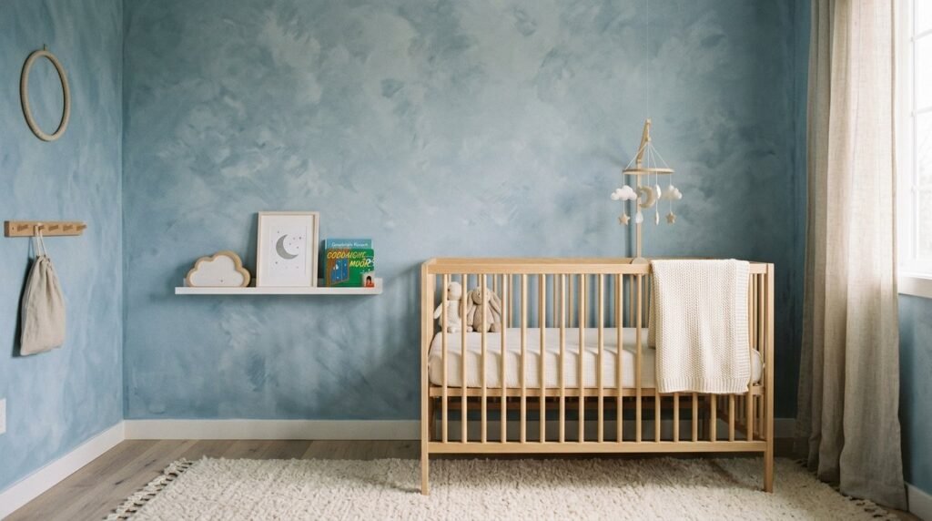 A beautiful nursery room featuring soft blue limewash walls and a peaceful, minimalist interior design.