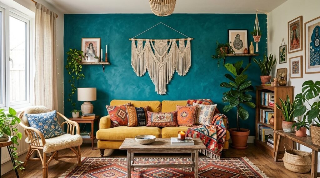 A warm and inviting bohemian living area featuring natural textures and earthy tones.