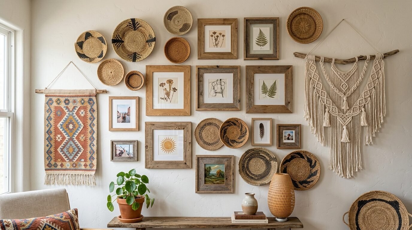 A gallery wall styled with woven baskets, natural wood frames, and a large macrame wall hanging.