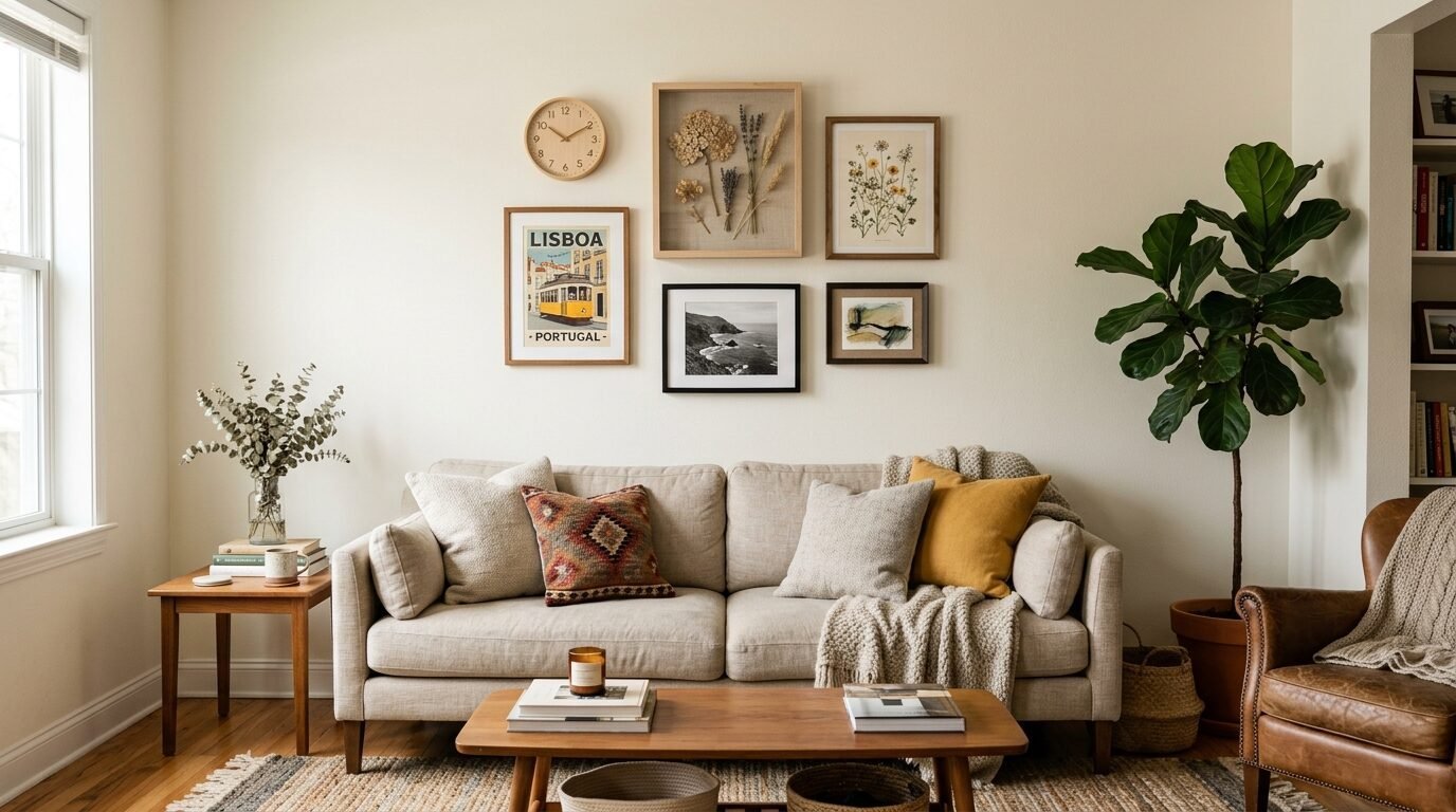 A beige sofa sits in a living room featuring a Lisbon travel poster and pressed flowers in a gallery wall arrangement.