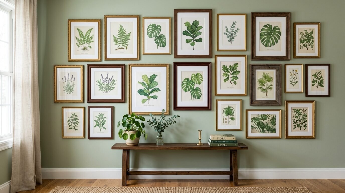 Rustic wooden bench beneath a wall display of framed botanical leaf and floral illustrations on sage green wall.