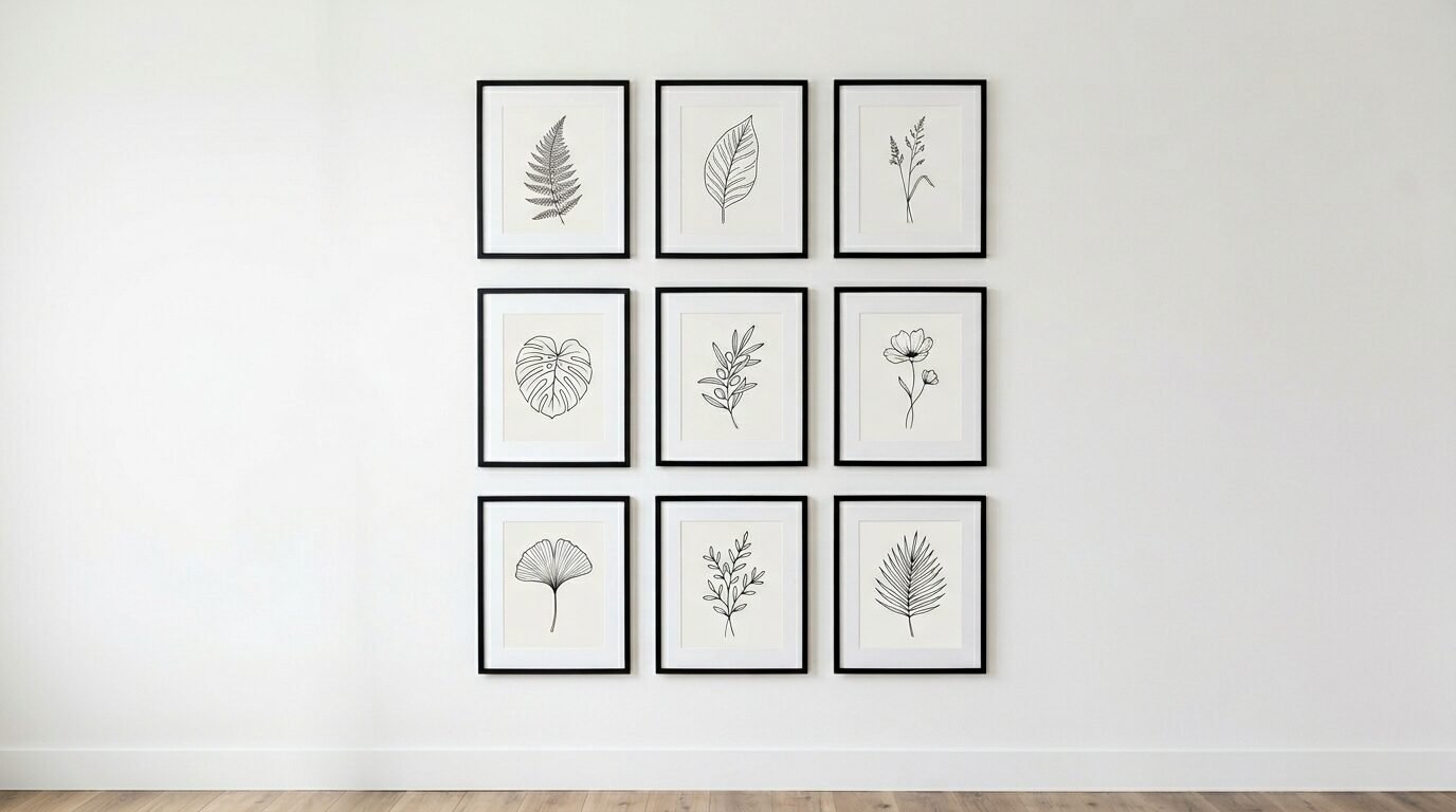 Nine framed floral and leaf line drawings arranged in a three-by-three grid on a white wall.