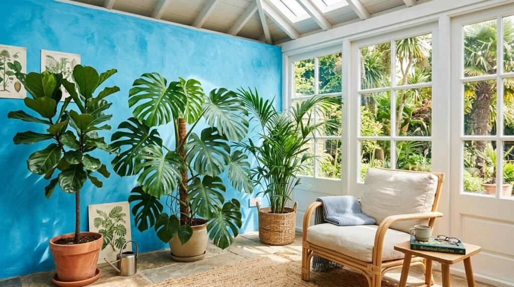 A bright sunroom filled with natural light featuring stylish blue furniture and home decor.