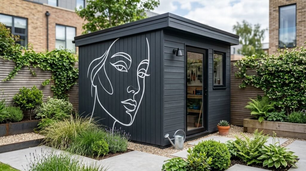 A well-maintained wooden garden shed nestled in a peaceful backyard garden with vibrant plants.