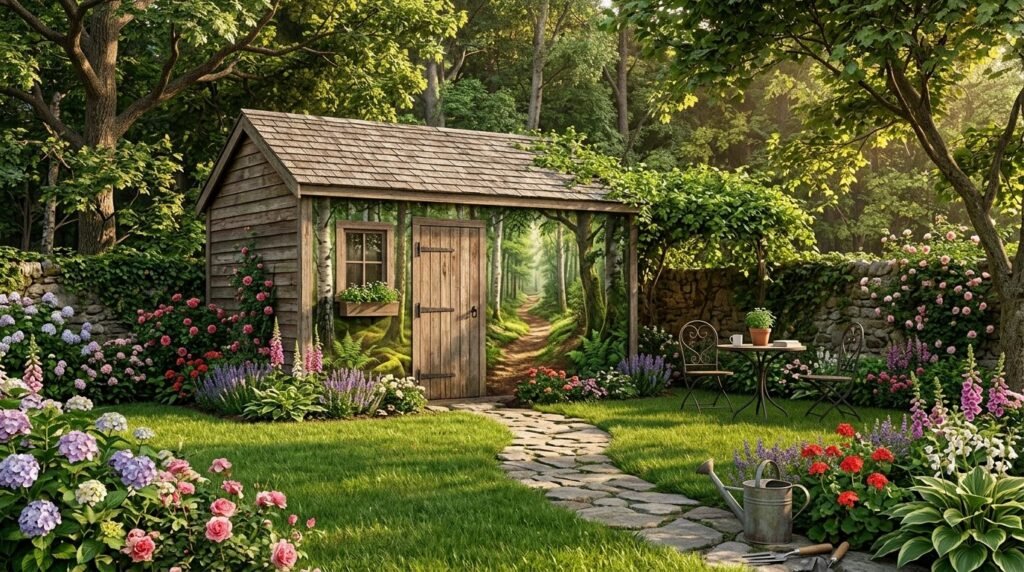 A well-maintained wooden garden shed nestled in a lush green backyard garden.