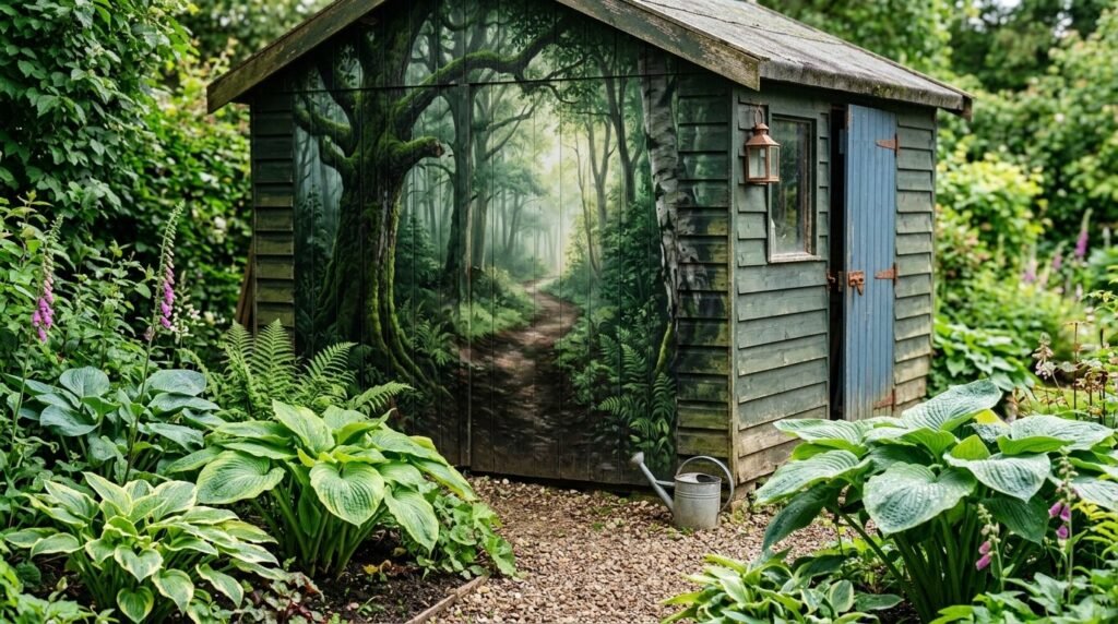 A rustic wooden garden shed surrounded by lush greenery and flowers in a backyard setting.