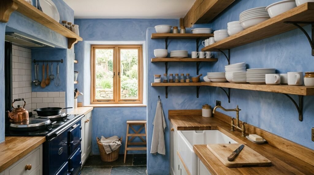A beautifully designed farmhouse kitchen with rustic wood elements and modern amenities.
