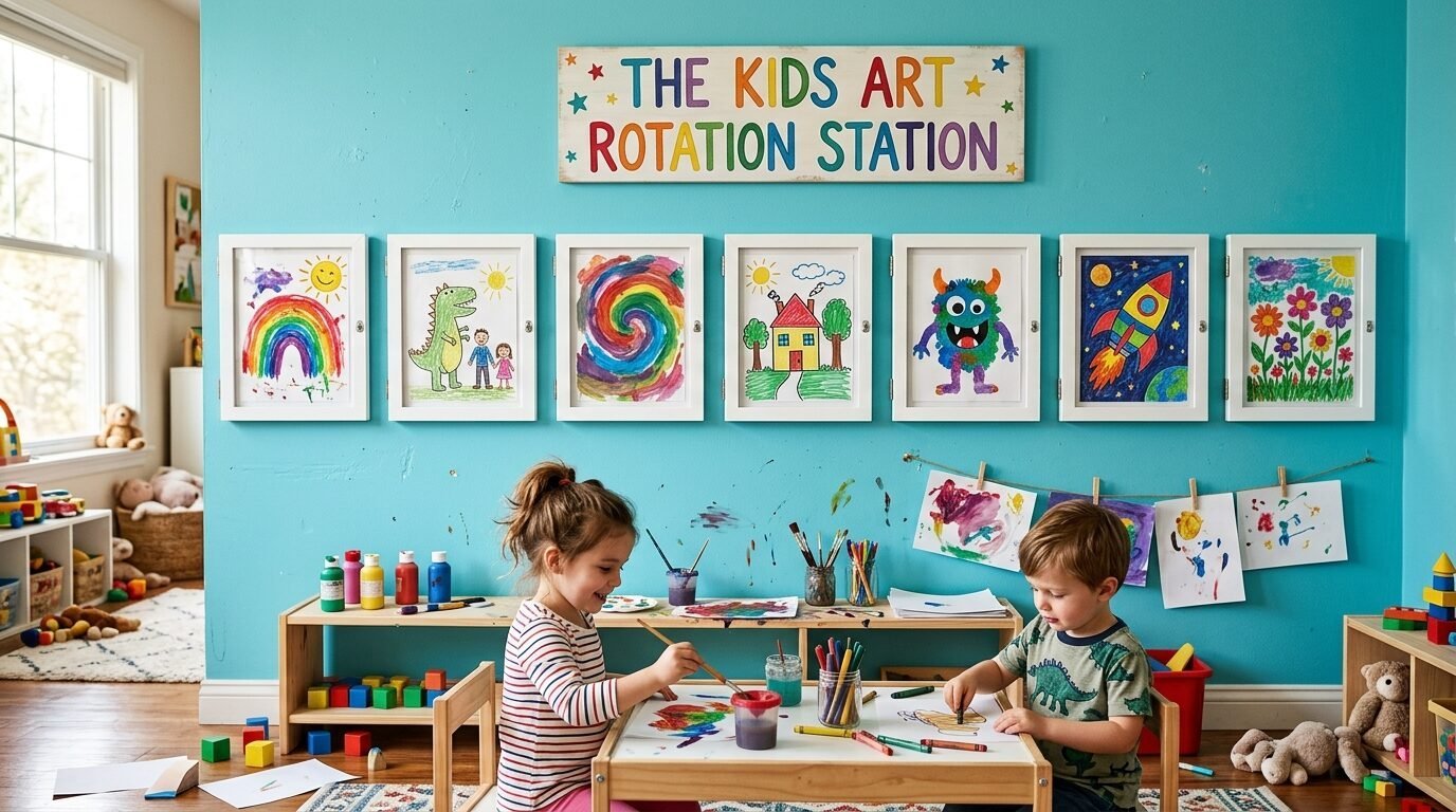 A boy and girl painting at a wooden table in front of a turquoise wall displaying framed children's artwork.