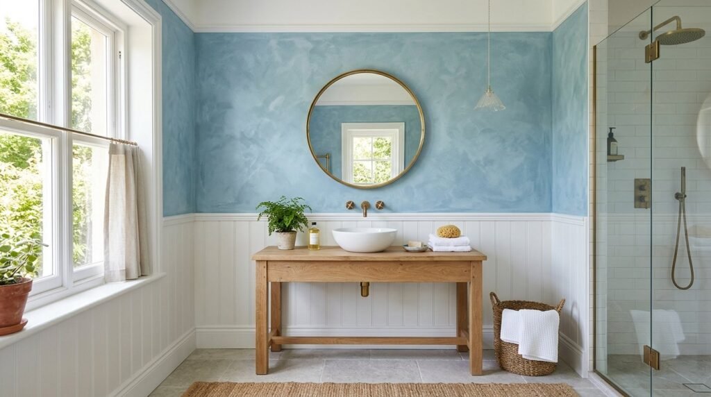 A serene bathroom featuring coastal decor elements with natural light and calming blue and white tones.