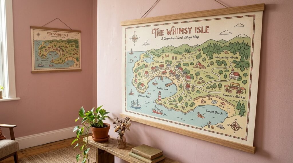 A stylized and colorful cartoon map of the world with playful artistic details.