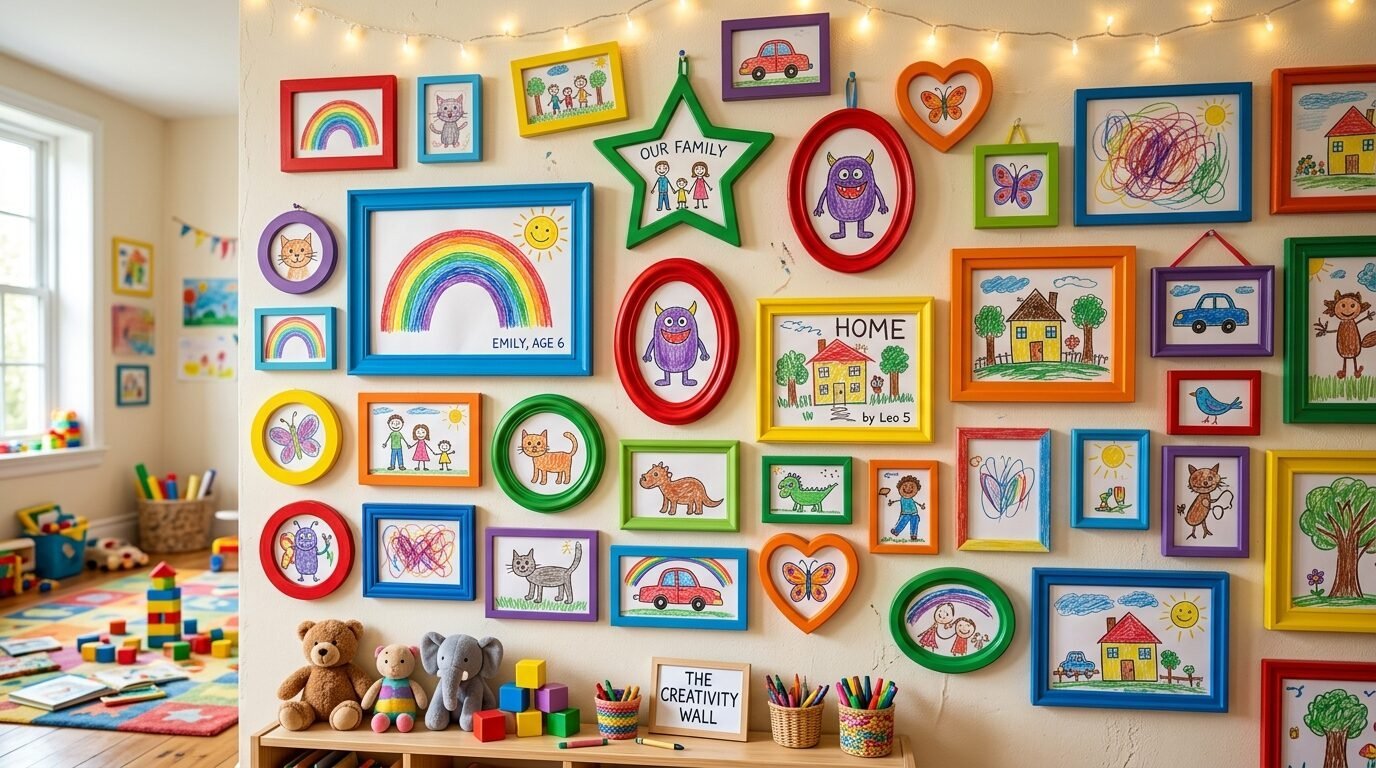 Many multi-colored frames containing kids' drawings of rainbows, monsters, and houses hanging on a wall.