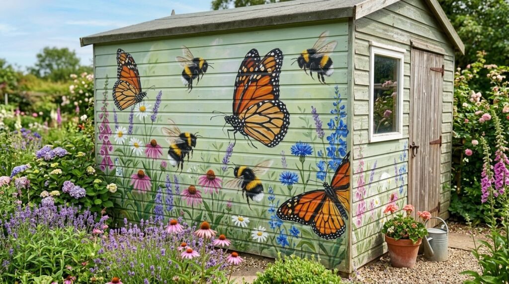 A decorative garden shed featuring a vibrant artistic mural painted on the exterior wooden walls.