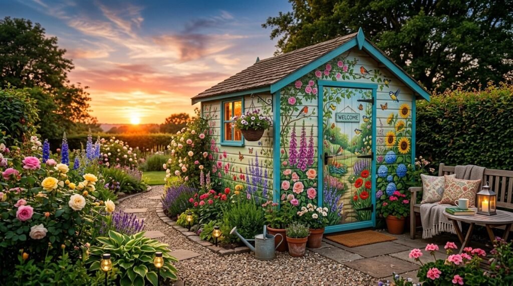 A colorful artistic mural painted on the exterior wall of a garden shed in a backyard.