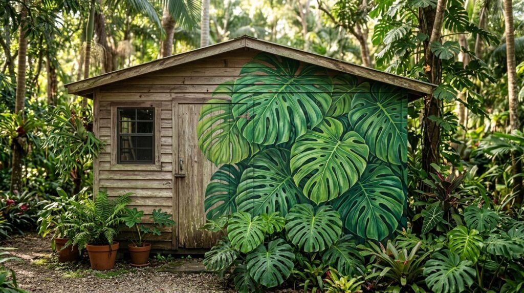 A detailed close-up of a colorful and creative mural painted on the side of a garden shed.