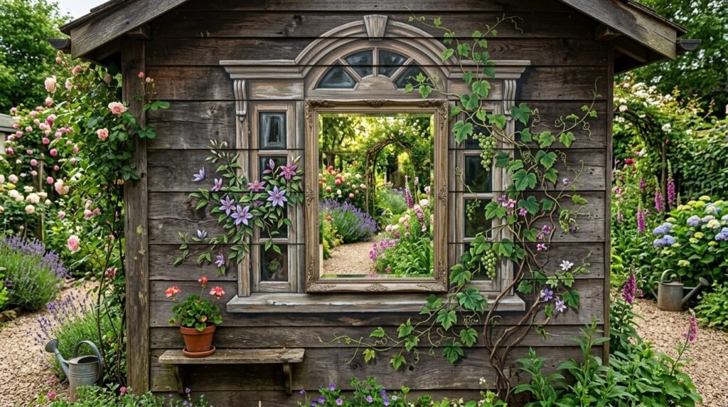 Colorful artistic mural painted on the side of a wooden garden shed in a backyard.