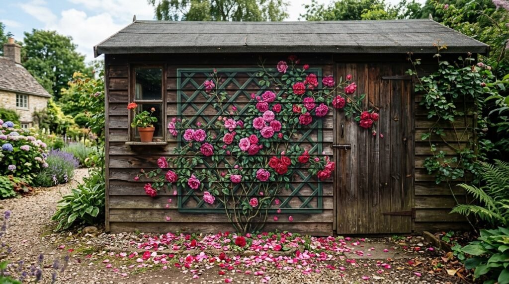 A colorful artistic mural painted on the exterior wall of a small wooden backyard shed.