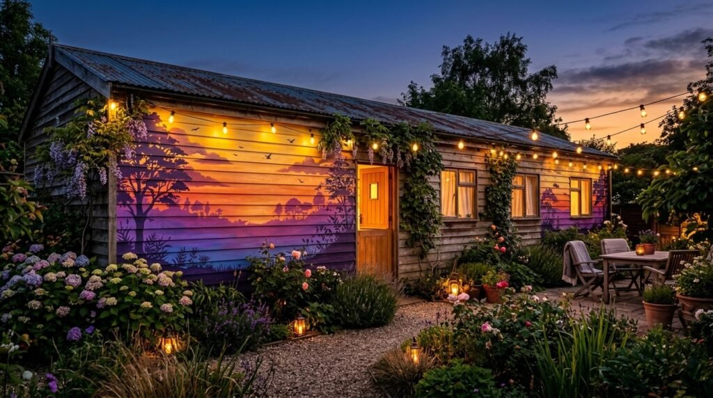 A colorful artistic mural painted on the side of a wooden garden shed in a backyard setting.