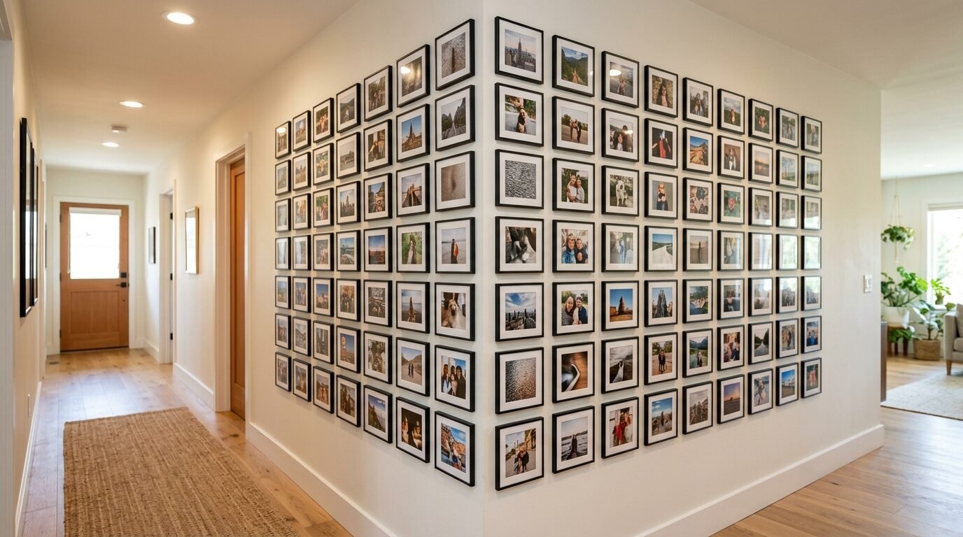 A hallway corner filled with a grid of many framed square photos hanging on white walls.