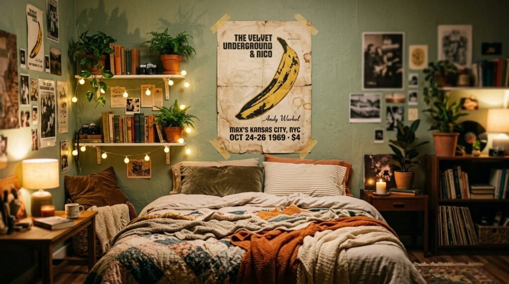 A tastefully decorated bedroom featuring vintage furniture and warm lighting.