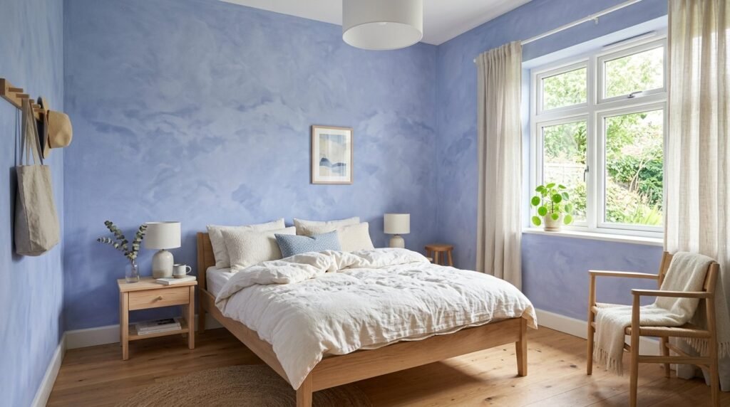 A cozy guest bedroom styled with calming periwinkle blue accents and soft lighting.