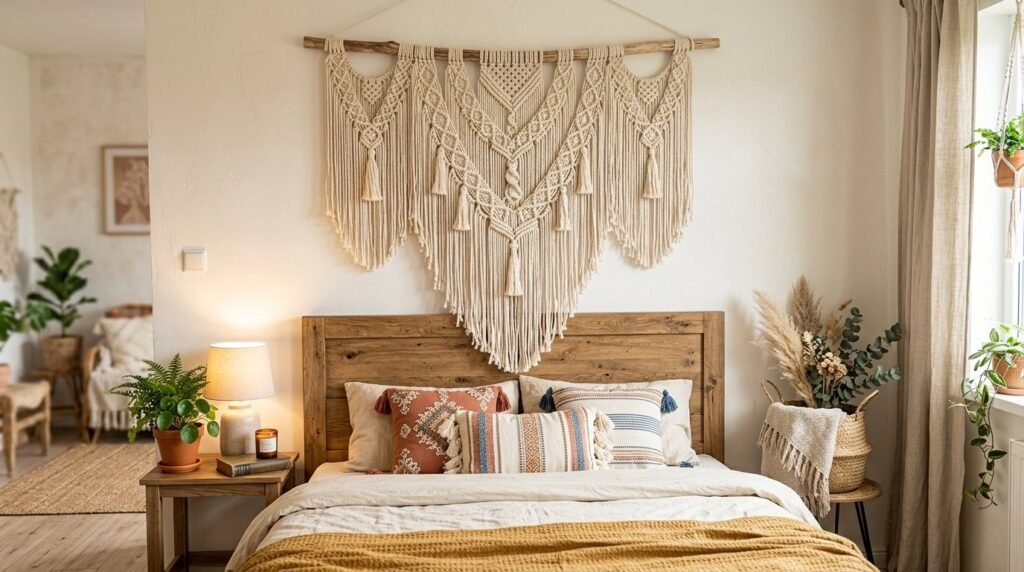 A beautiful handcrafted cream-colored macrame wall hanging displayed on a neutral textured wall.