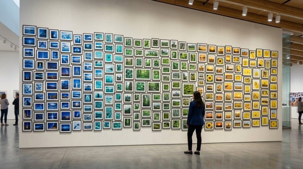 A beautifully arranged gallery wall featuring various framed photos in a bright modern home interior.