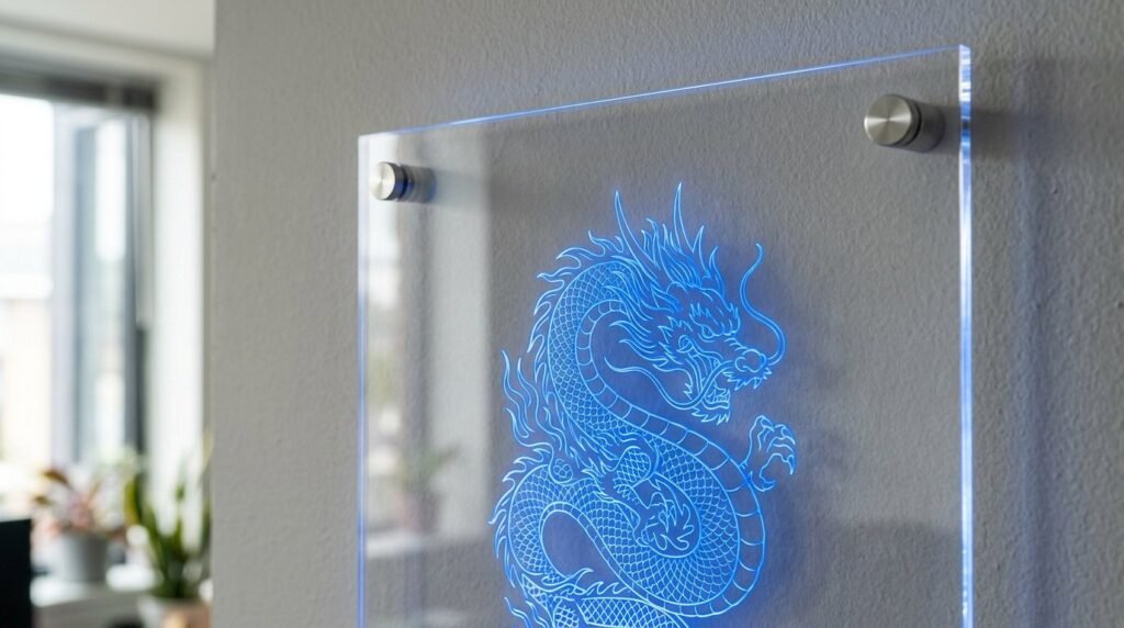 Close up of a sleek, modern custom acrylic sign showing the identification number 202604020916.