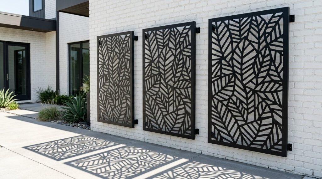 Intricate laser cut geometric patterns on decorative metal screens for modern architectural design.