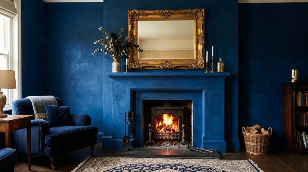 A beautifully finished custom painted fireplace surround in a contemporary living room interior.