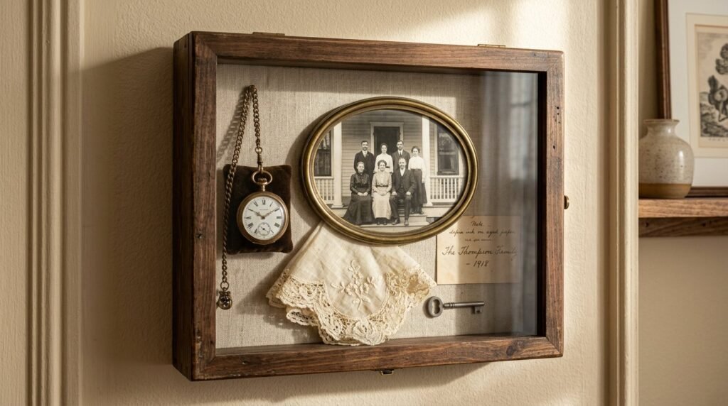 A beautifully arranged professional shadow box display case for collectibles.