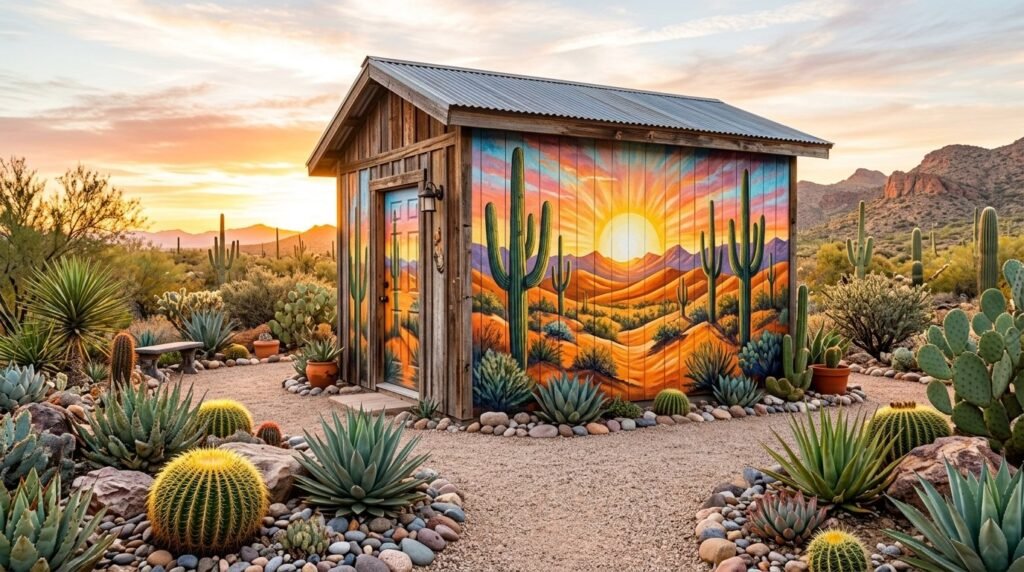 A vibrant desert landscape mural painted on an interior wall with golden hour lighting.