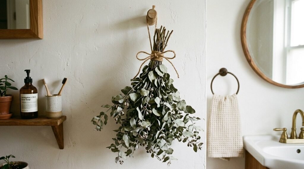 A rustic arrangement of dried eucalyptus branches hanging on a wall for interior decoration.