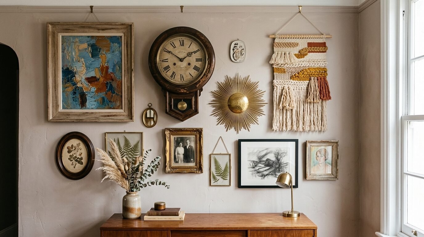 Eclectic wall arrangement with a large pendulum clock, sunburst mirror, woven wall hanging, and various framed art pieces.
