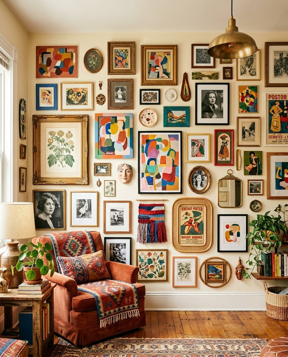 An armchair with a patterned blanket sits before a wall packed with diverse framed art, posters, and decorative objects.