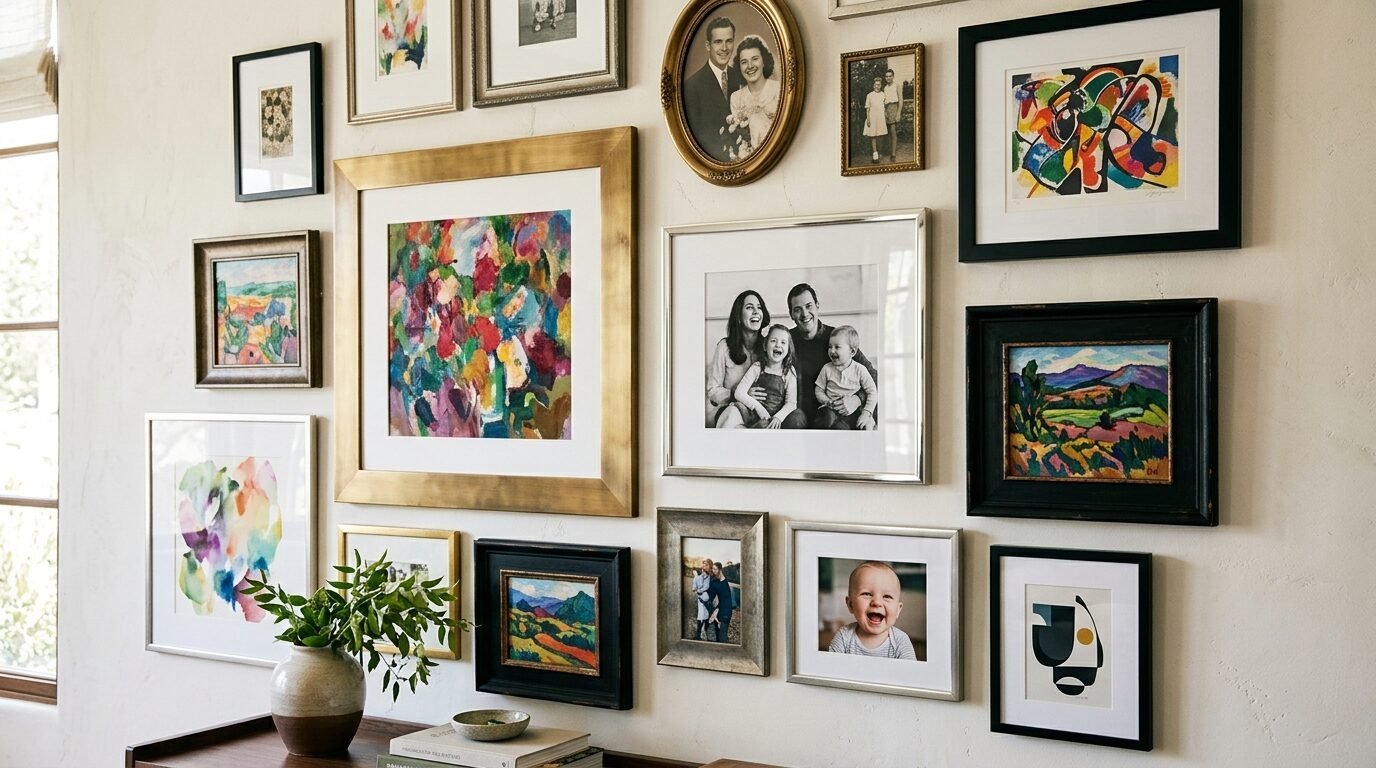 A white wall decorated with a mix of framed family portraits and abstract paintings above a console table.