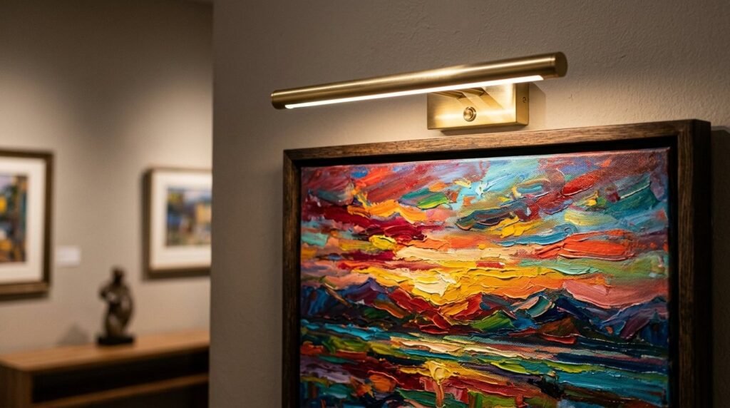 A sleek, polished brass picture light mounted above a piece of art on a neutral wall.